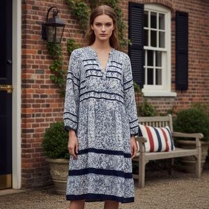 Lola Australia Blue Cotton Popover Midi Dress Sz XS Cottagecore Preppy Old Money